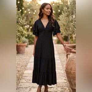 Paylot Brazilian Brand Women's Black Tiered Maxi Dress with Flutter Sleeves